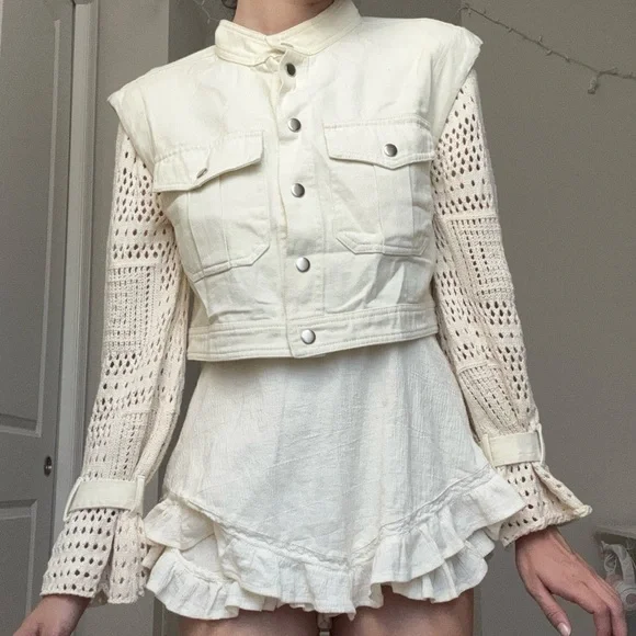 Crochet knit cream cropped jacket - Picture 2 of 4